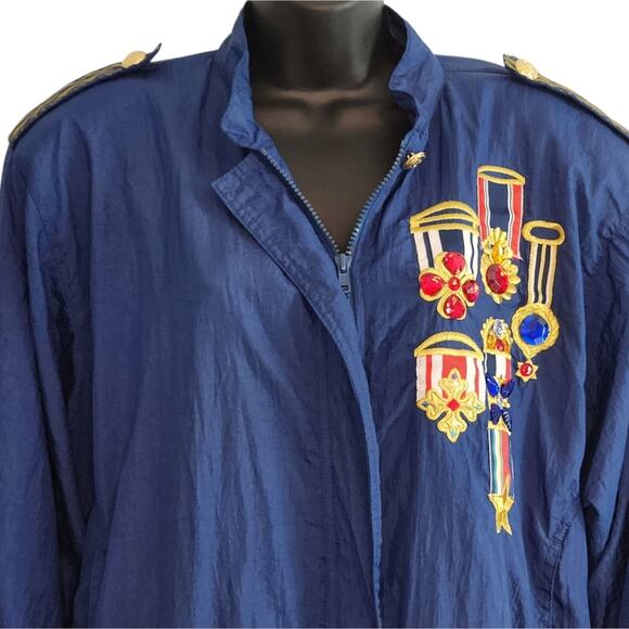 VINTAGE 1980s Lavon military bomber windbreaker jacket blue embellished size M - Picture 3 of 10
